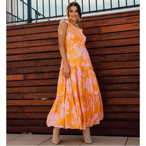Abel The Label Angelica Maxi Dress Tiered‎ Cap Sleeve Keyhole Back Orange Pink M - Picture 1 of 9